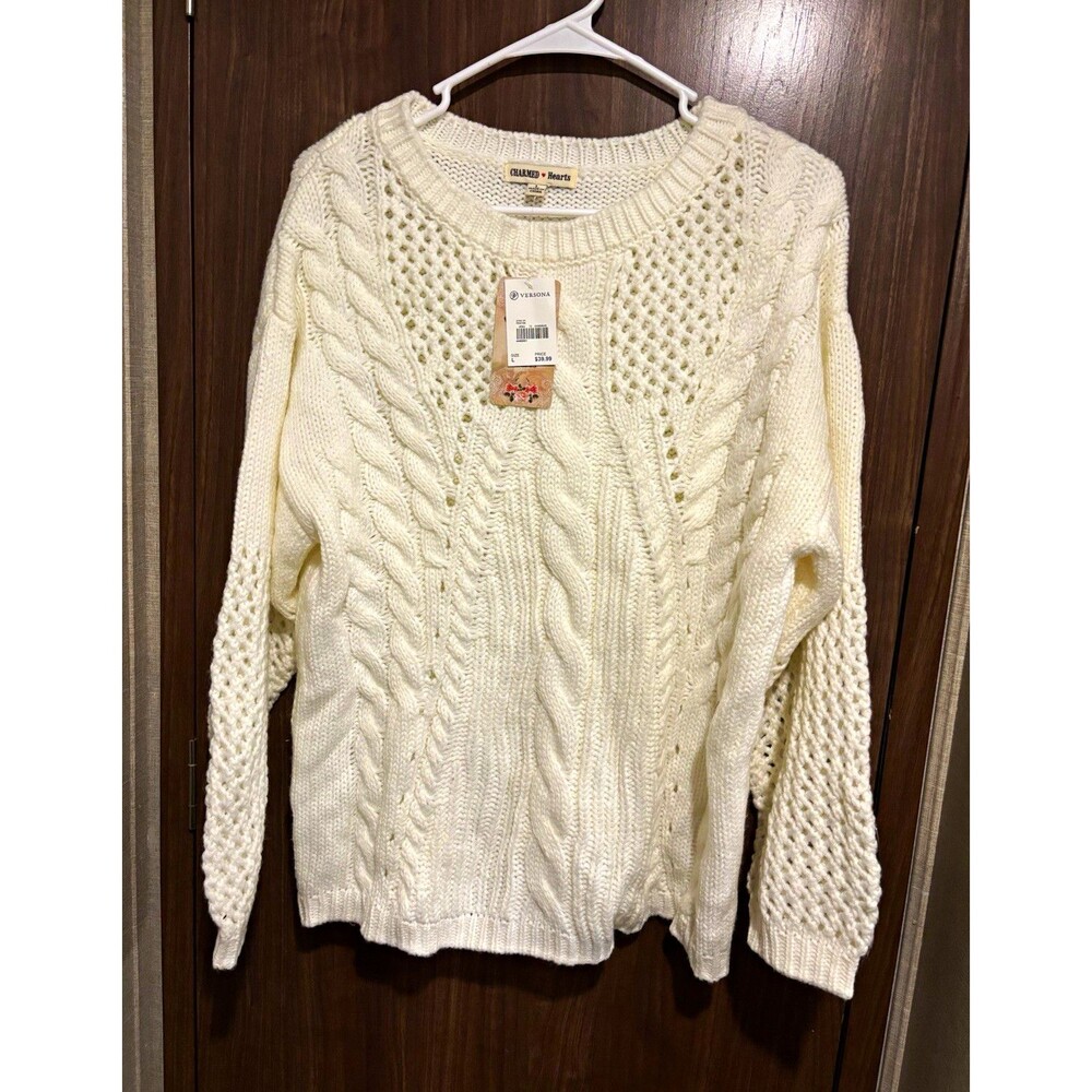Charmed Hearts Ivory Acrylic Cable/Open Knit Crew Neck Pullover Sweater L NWT